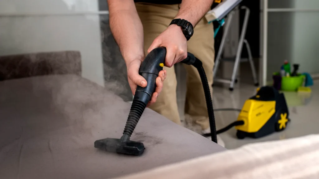 Profissional realizando higienização de sofá com extratora em sala residencial